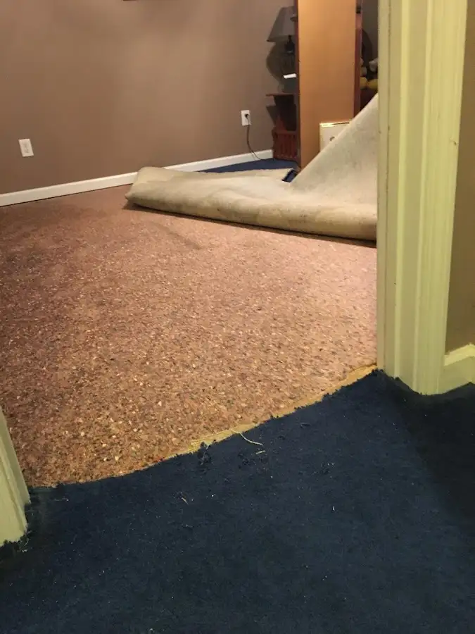 Carpet pad removal revealing water damage during Water Mitigation Services in Show Low